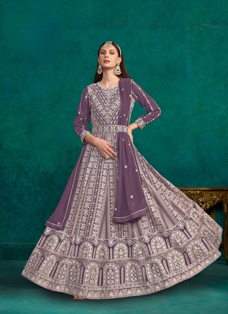 Designer embroidered faux georgette gown & dupatta in purple