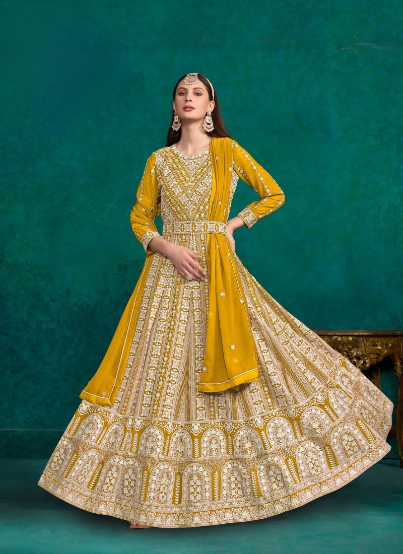 Designer embroidered faux georgette gown & dupatta in yellow