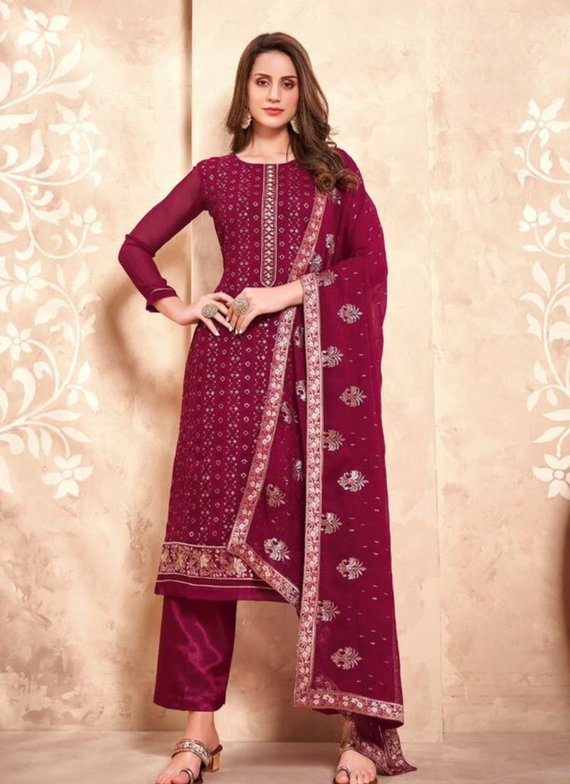 Beautiful embroidered georgette pant suit in maroon