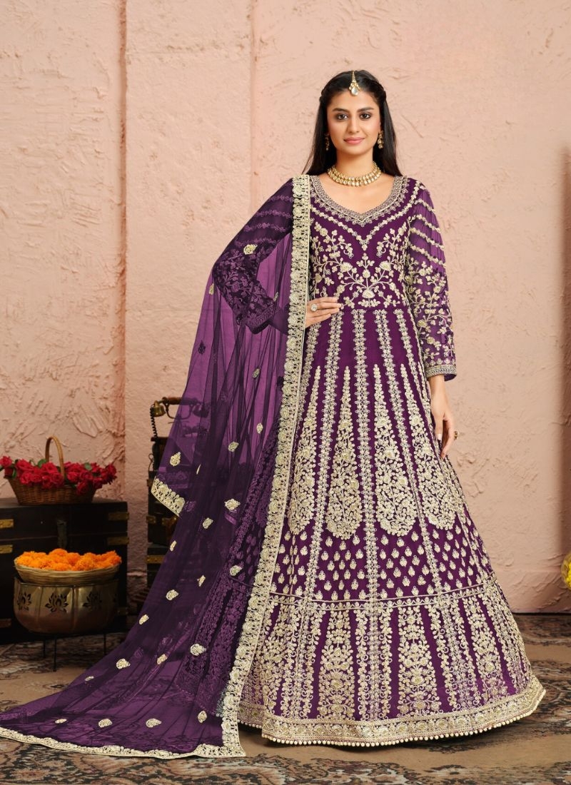 Gorgeous embroidered heavy net gown with dupatta in dark purple