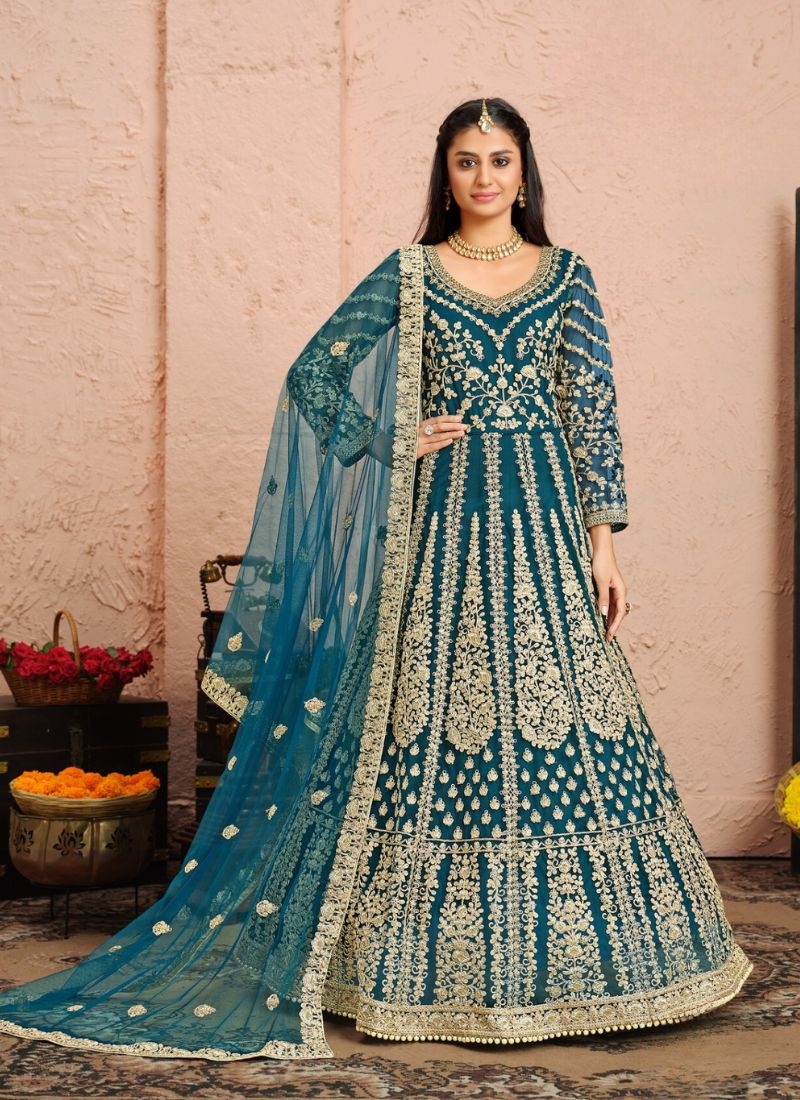 Gorgeous embroidered heavy net gown with dupatta in dark blue