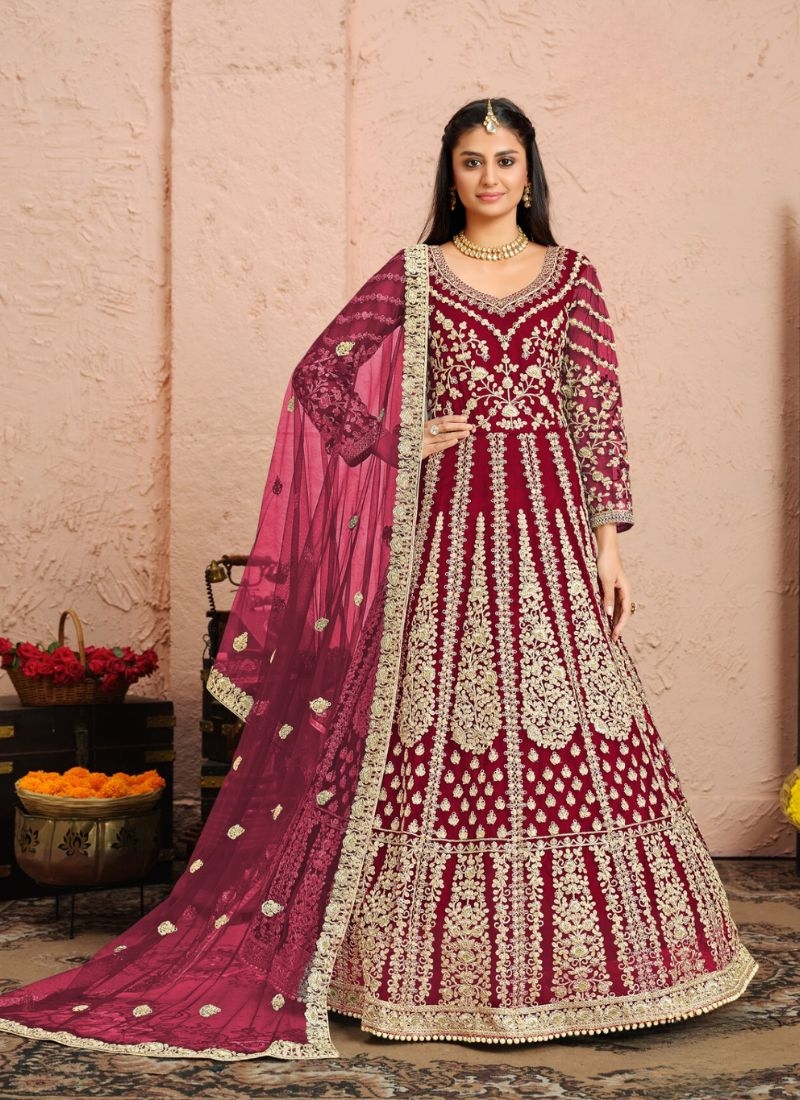 Gorgeous embroidered heavy net gown with dupatta in dark pink