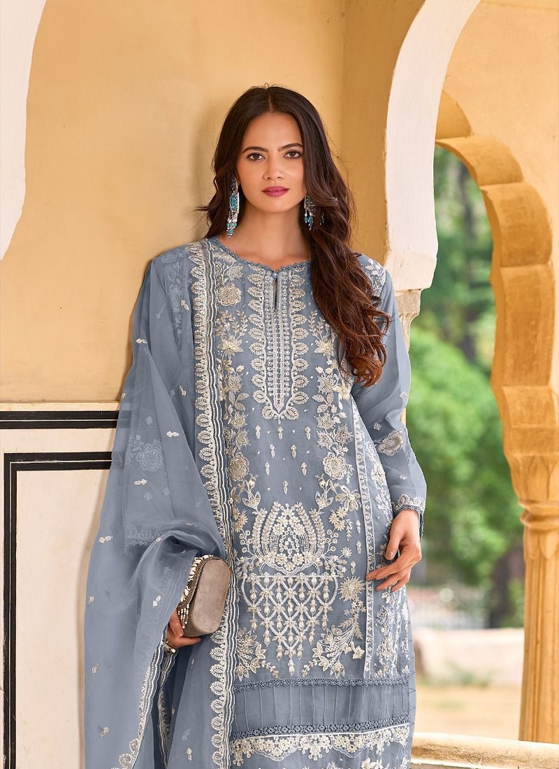 Stunning embroidered silk pantsuit & dupatta in light blue