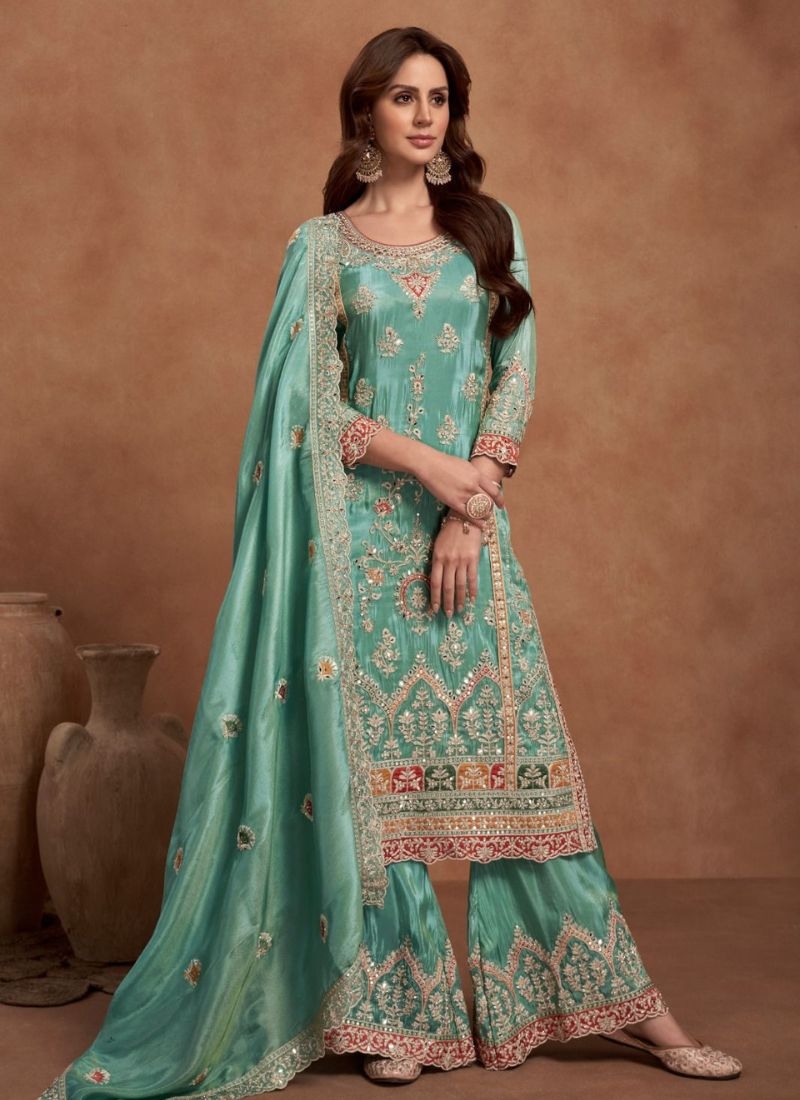 Beautifully embroidered silk palazzo suit in green