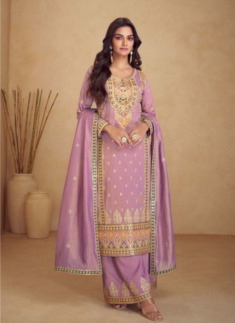 Beautifully embroidered silk palazzo suit in light purple