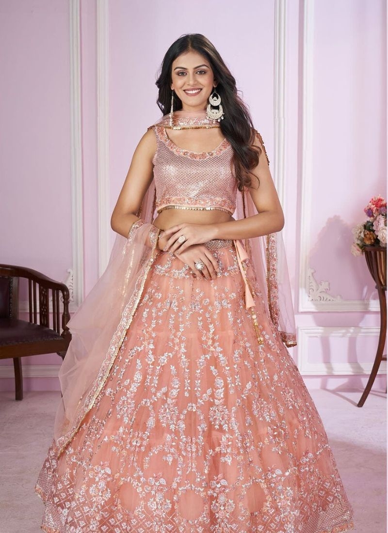 Exquisite embroidered georgette lehenga choli with net dupatta in baby pink