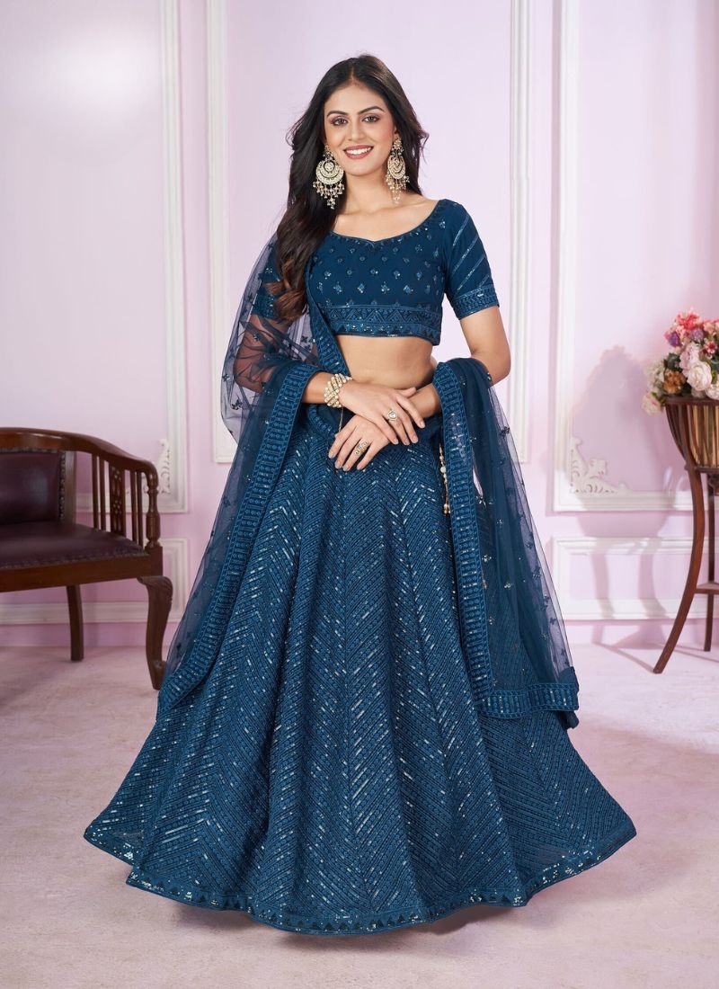 Exquisite embroidered georgette lehenga choli with net dupatta in royal blue