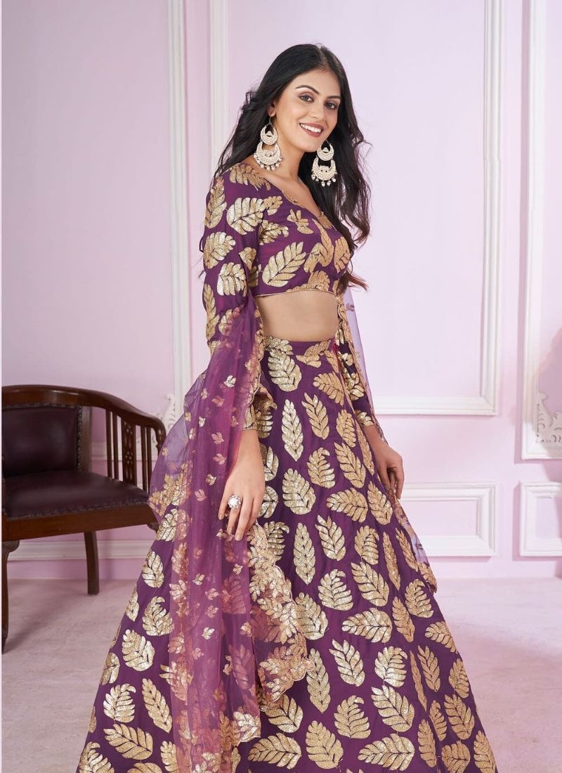 Exquisite embroidered georgette lehenga choli with net dupatta in purple