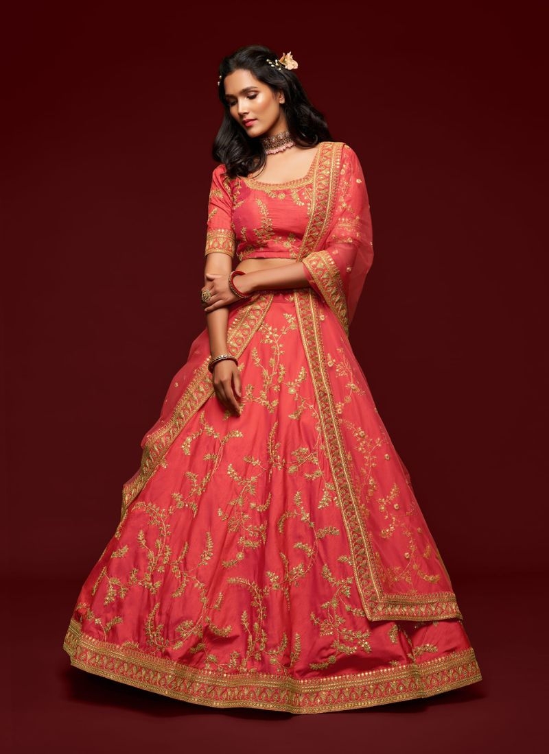 Beautiful embroidered georgette lehenga choli in peach pink