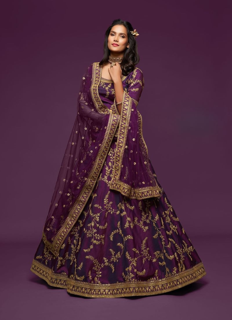 Beautiful embroidered georgette lehenga choli in dark purple