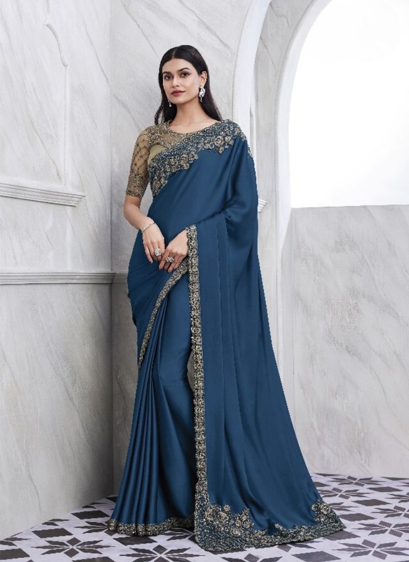 Exquisite embroidered silk saree in blue