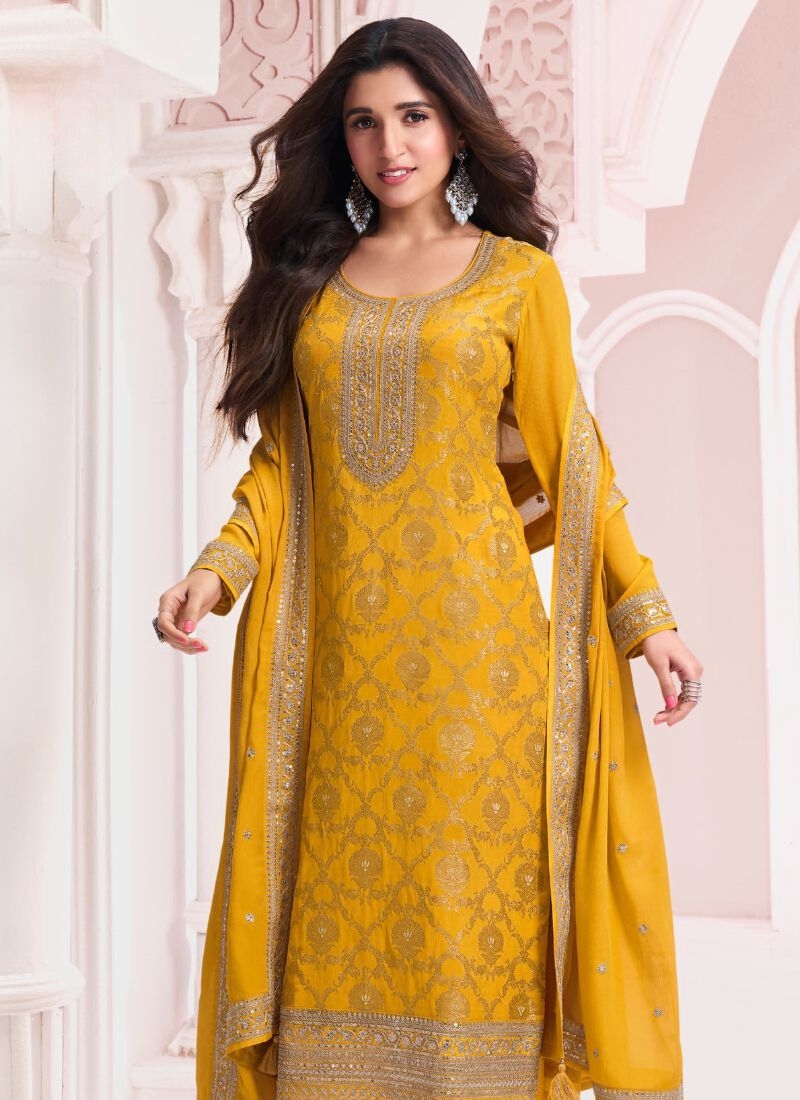 Designer embroidered Chinon pantsuit in yellow