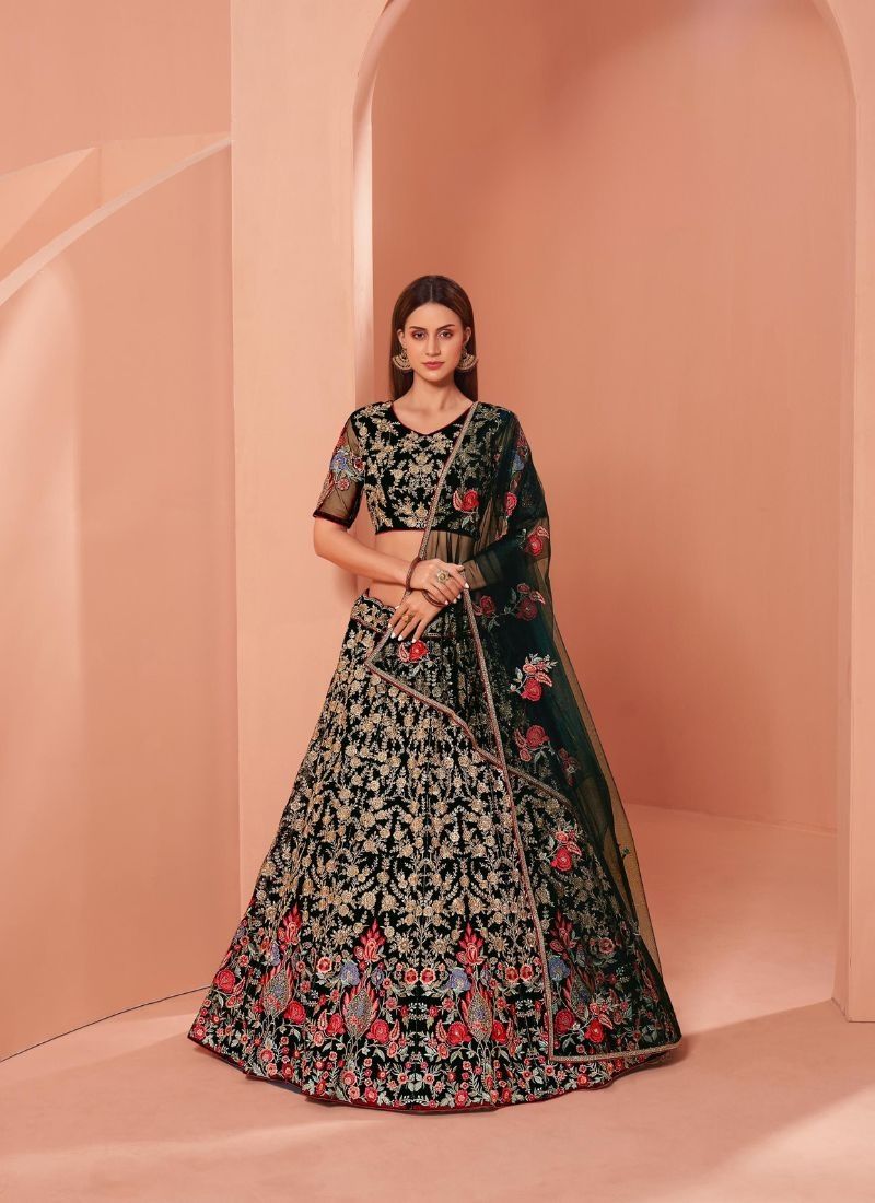 Gorgeous thread embroidered silk lehenga choli in black