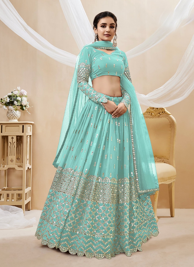 Reception Wear Georgette Fabric Embroidered Lehenga Choli in sky blue