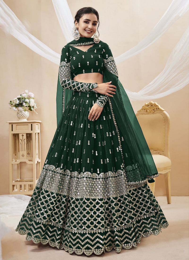 Reception Wear Georgette Fabric Embroidered Lehenga Choli in dark green