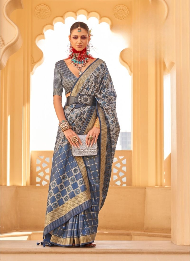 Designer printed silk saree in blue