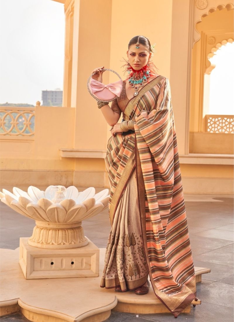 Designer printed silk saree in cream