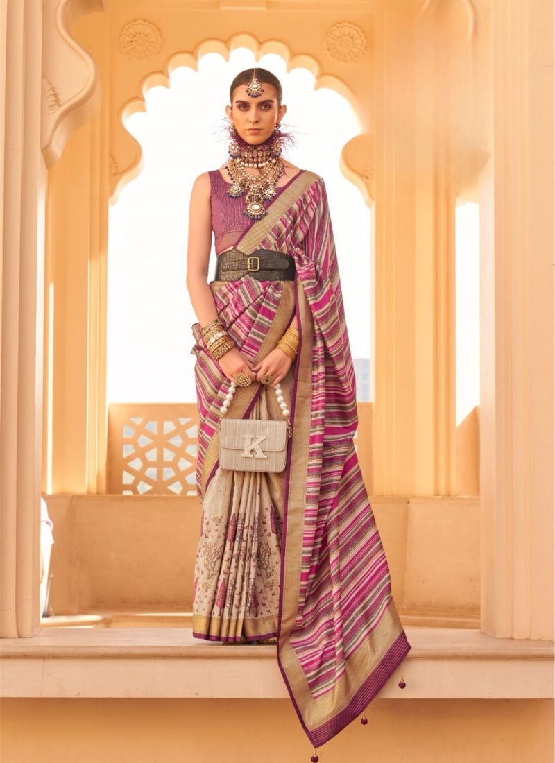 Designer printed silk saree in pink