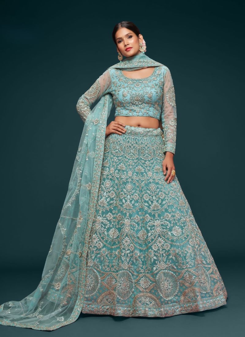 The gorgeous embroidered net lehenga choli in light green