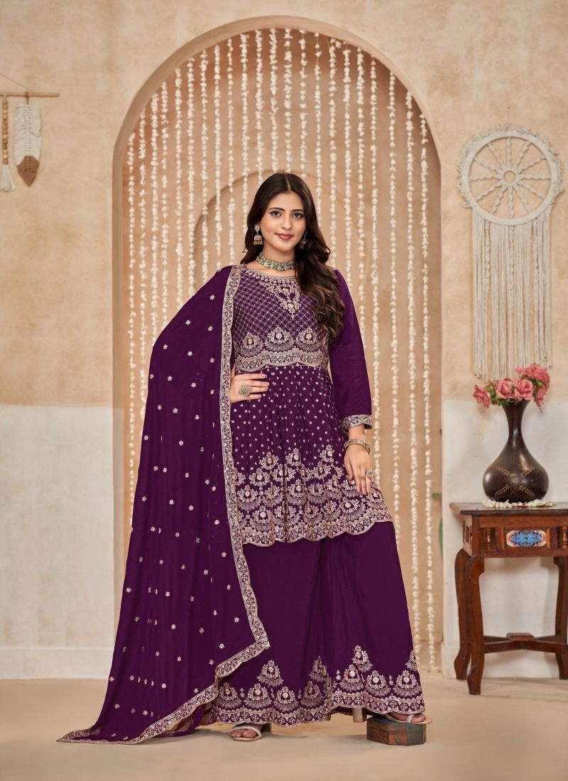 Designer mirror embroidered chinon sharara suit in dark purple