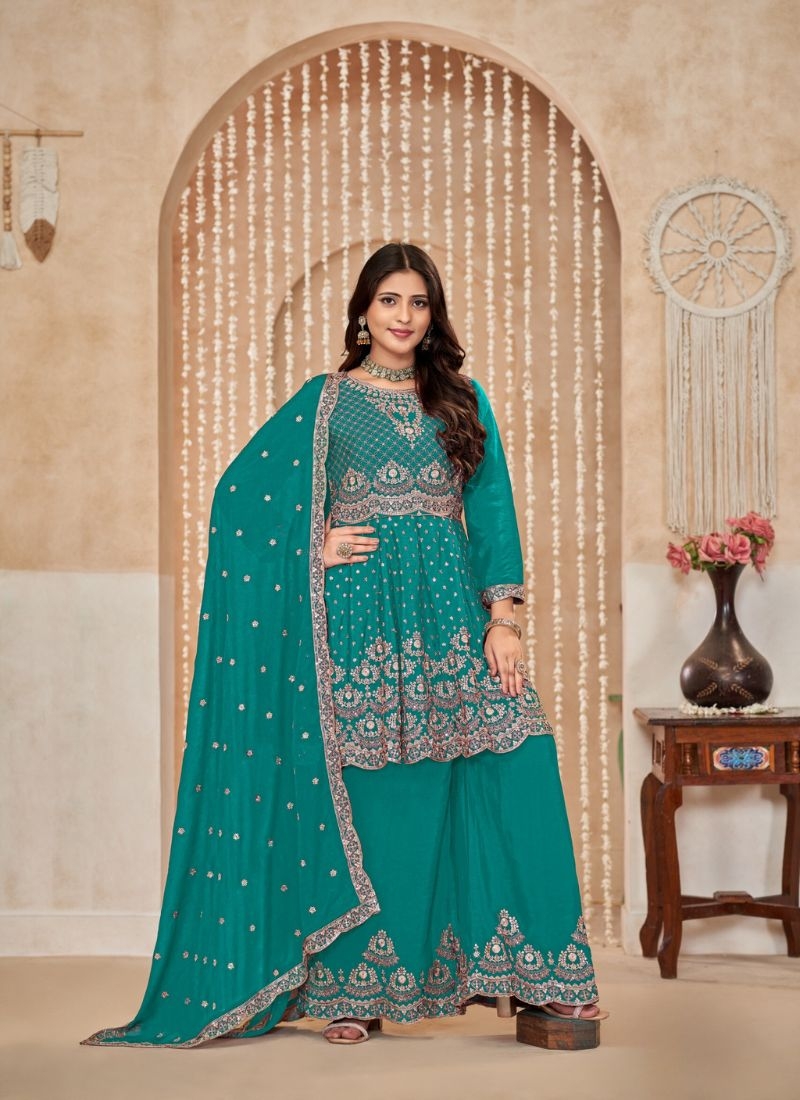 Designer mirror embroidered chinon sharara suit in green