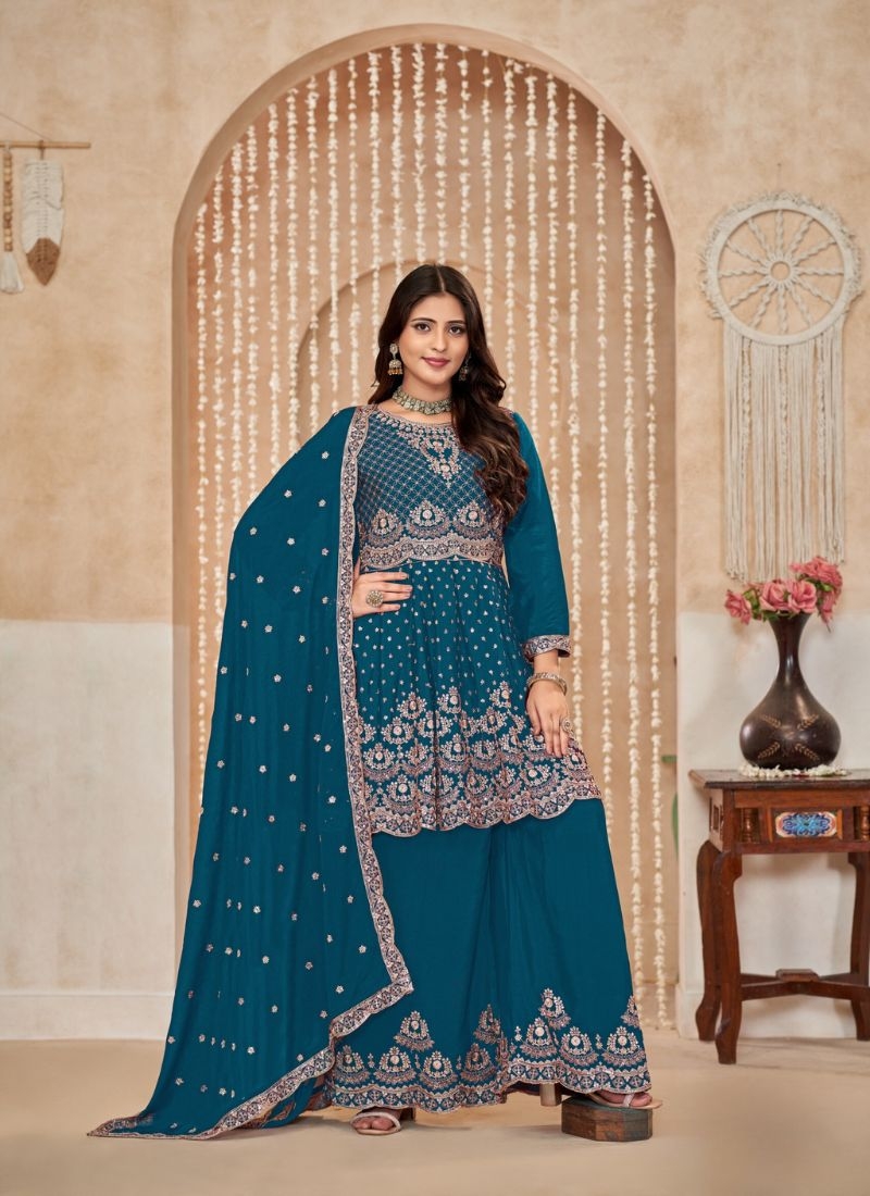 Designer mirror embroidered chinon sharara suit in royal blue