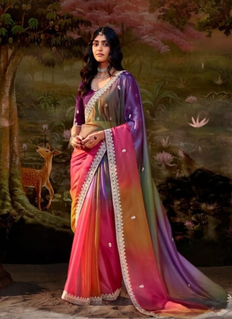 Stunning embroidered chiffon saree in multi color