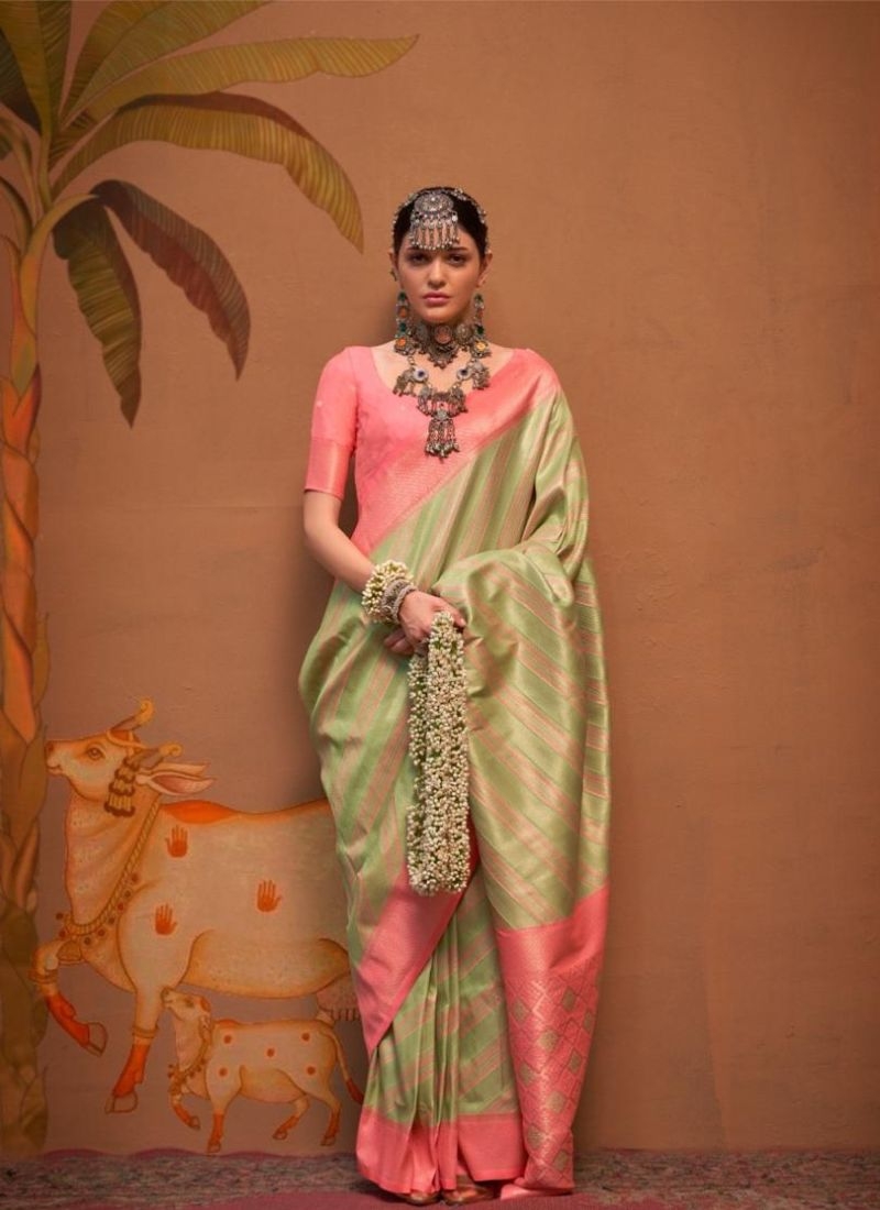 Stunning hand weaving silk saree in light green