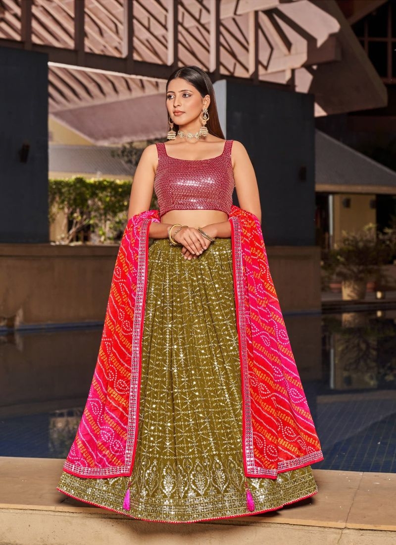 Gorgeous embroidered georgette lehenga choli in mehandi green