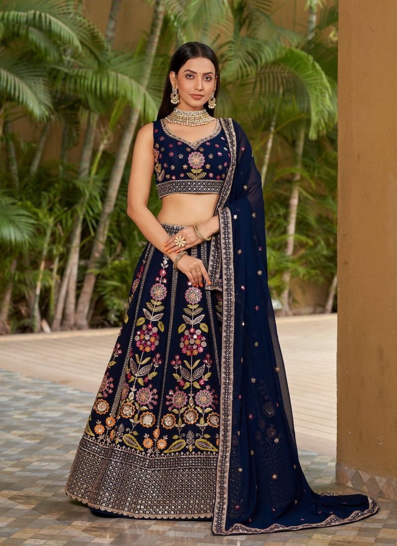 Gorgeous embroidered georgette lehenga choli in dark blue