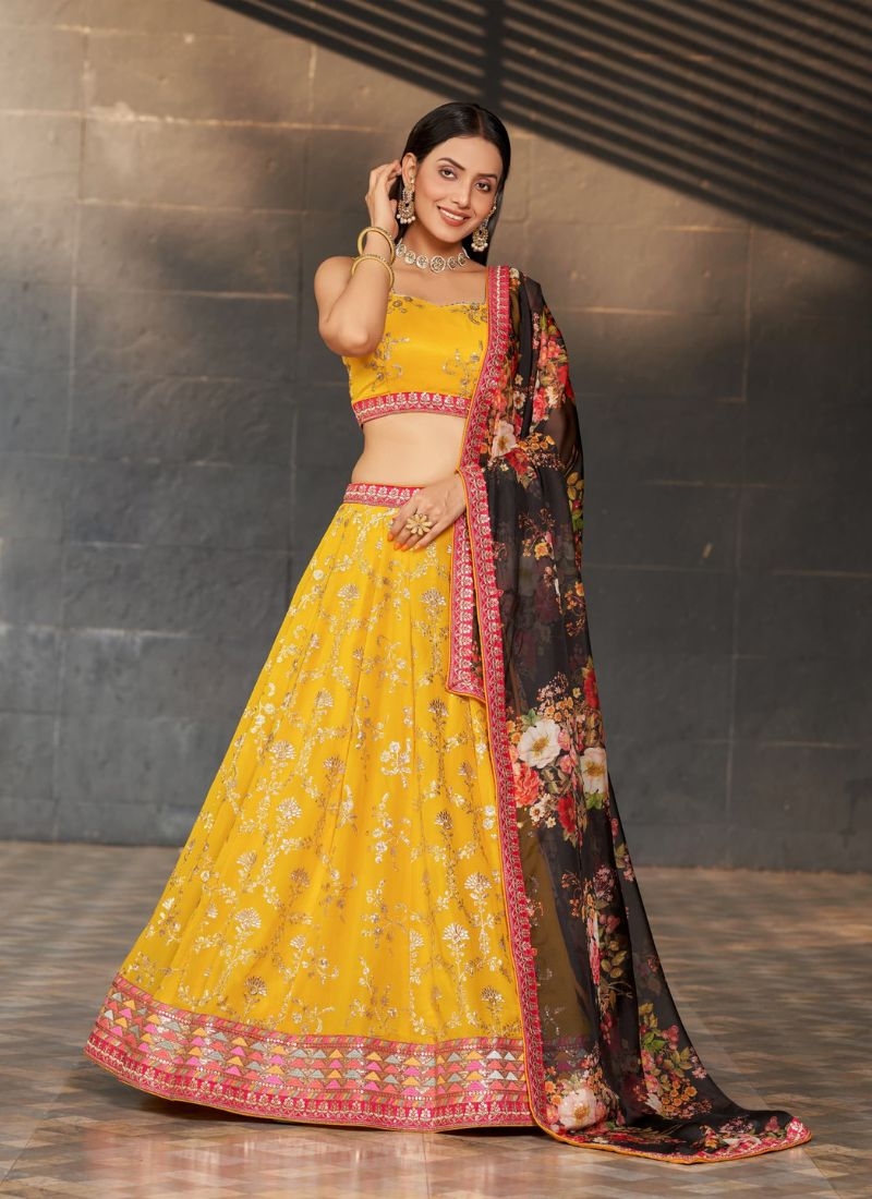 Gorgeous embroidered georgette lehenga choli in yellow