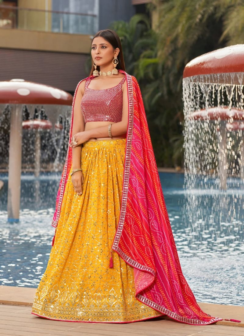 Gorgeous embroidered georgette lehenga choli in mustard