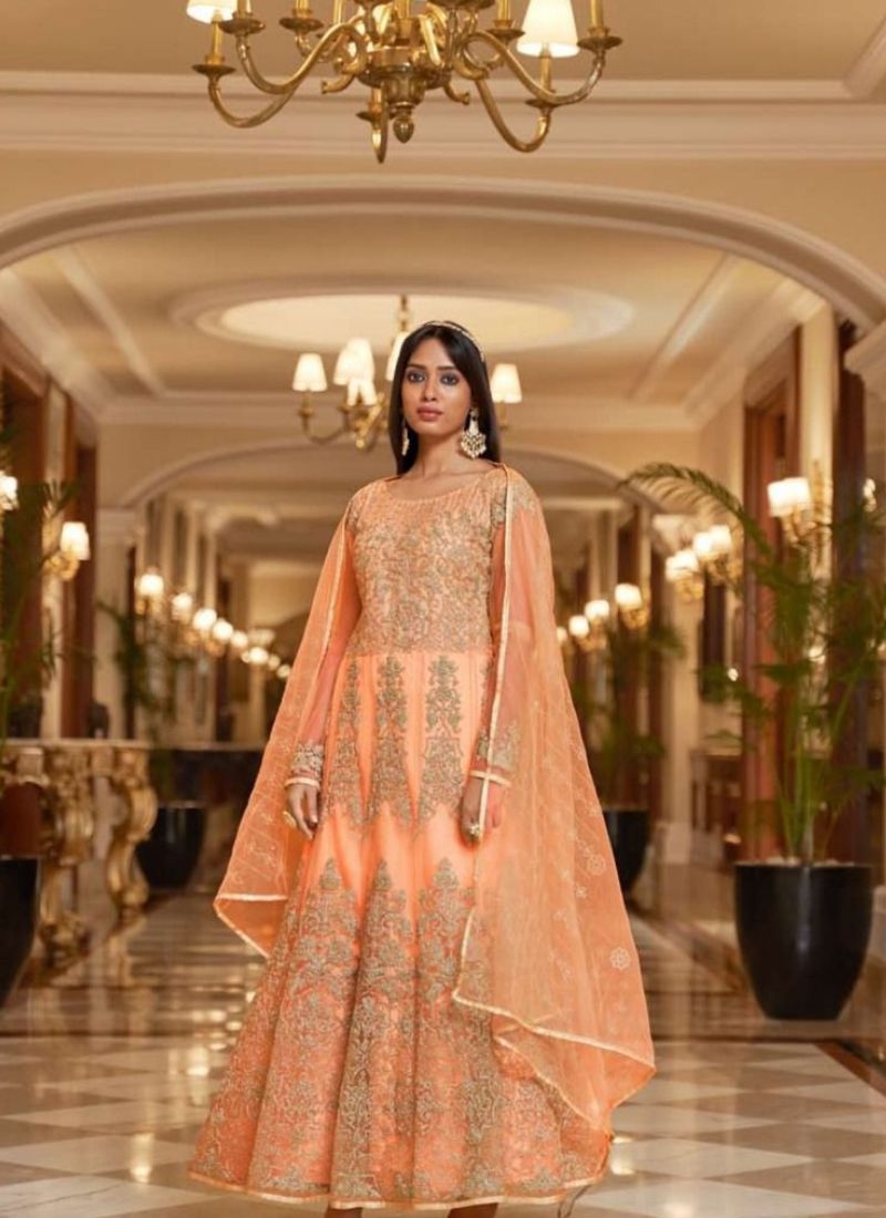 Exquisite embroidered gown in light orange