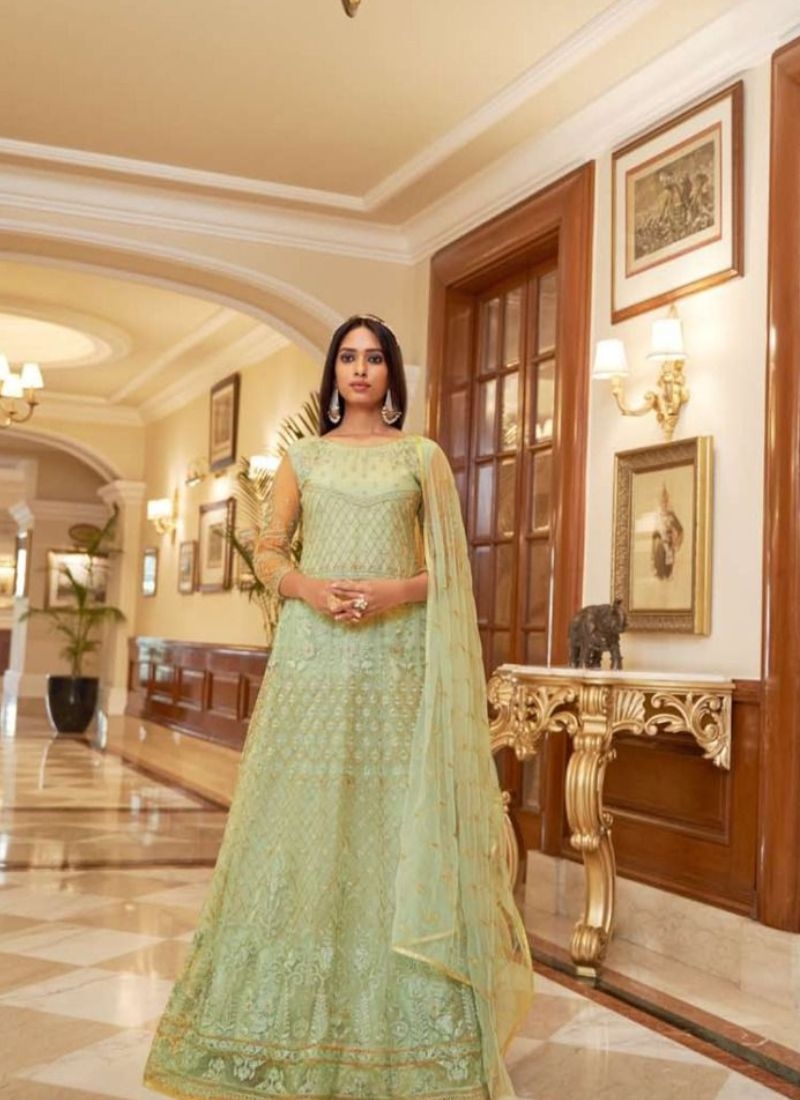 Exquisite embroidered gown in light green