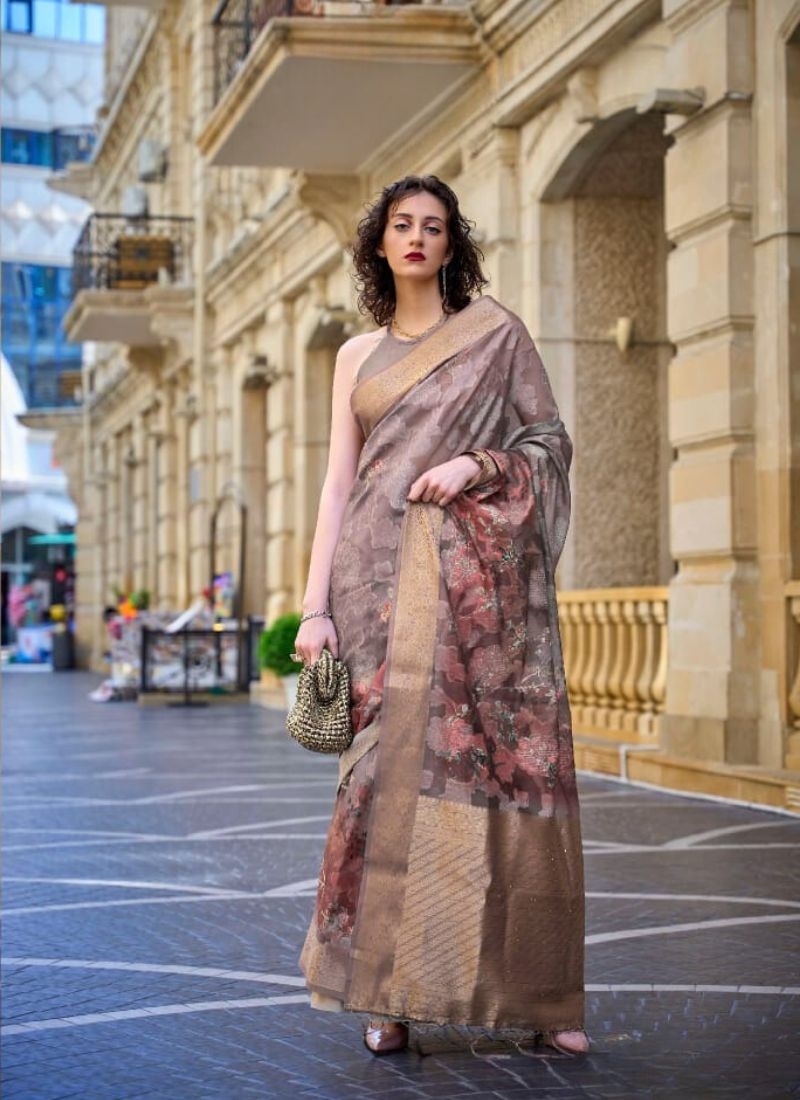 Exquisite digital printed silk saree in brown