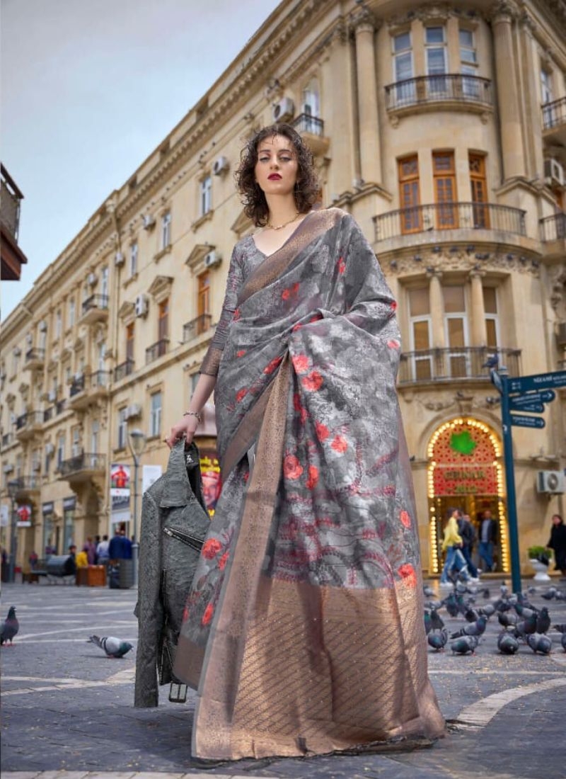 Exquisite digital printed silk saree in dark grey