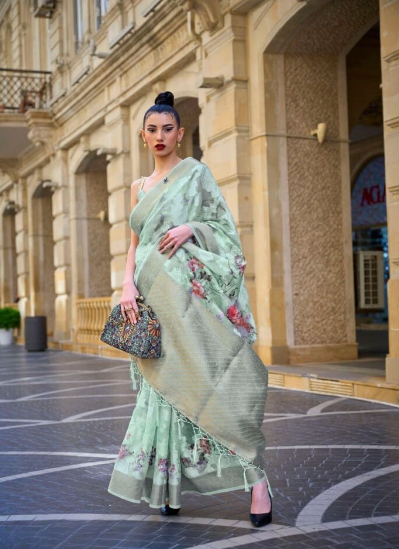 Exquisite digital printed silk saree in light green