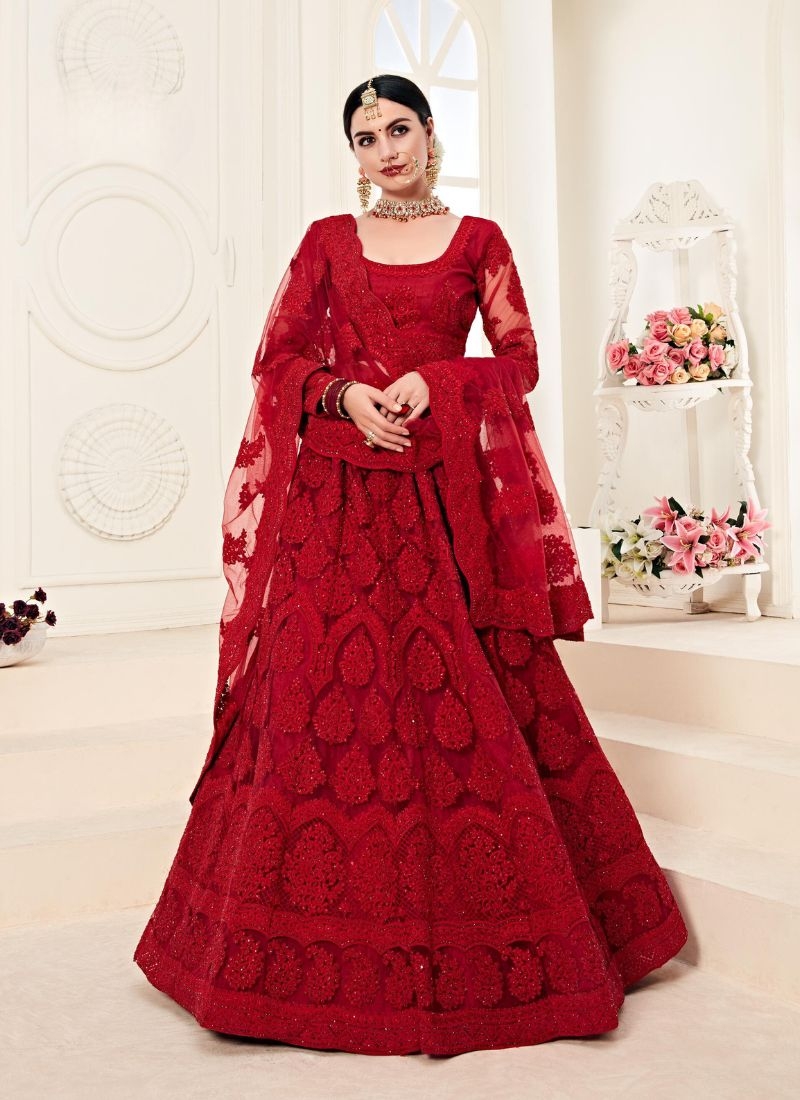 Gorgeous embroidered wedding lehenga choli in red