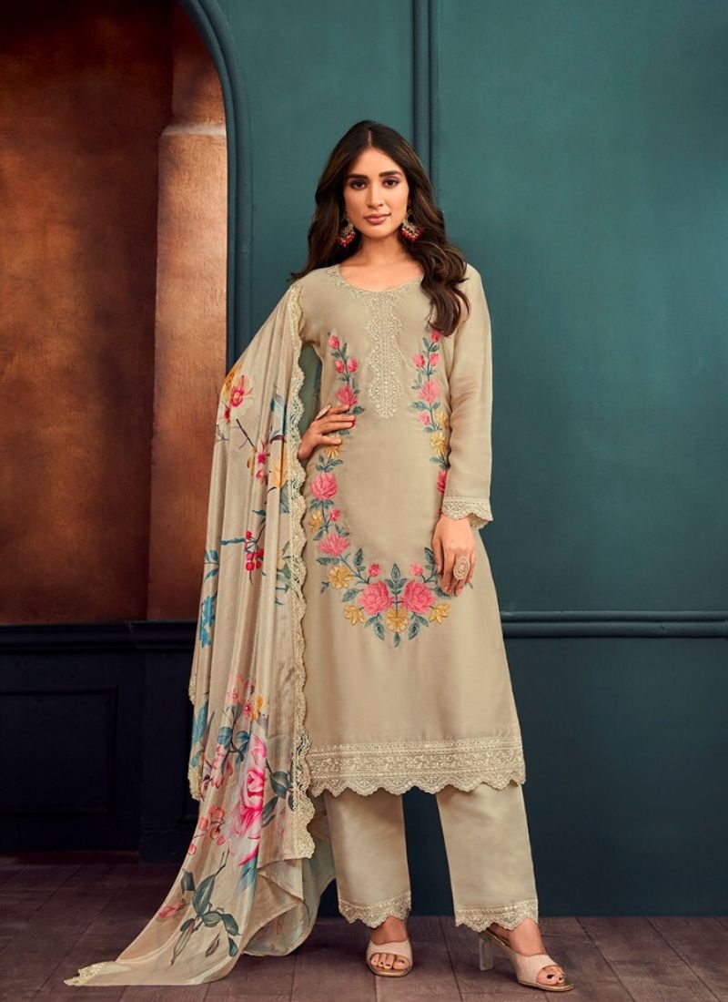 Stunning digital printed kurta pant suit in beige