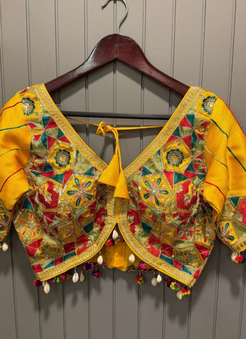 Premium embroidered silk blouse in yellow