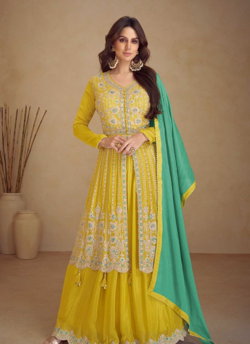 Authentic embroidered Chinon sharara suit in yellow