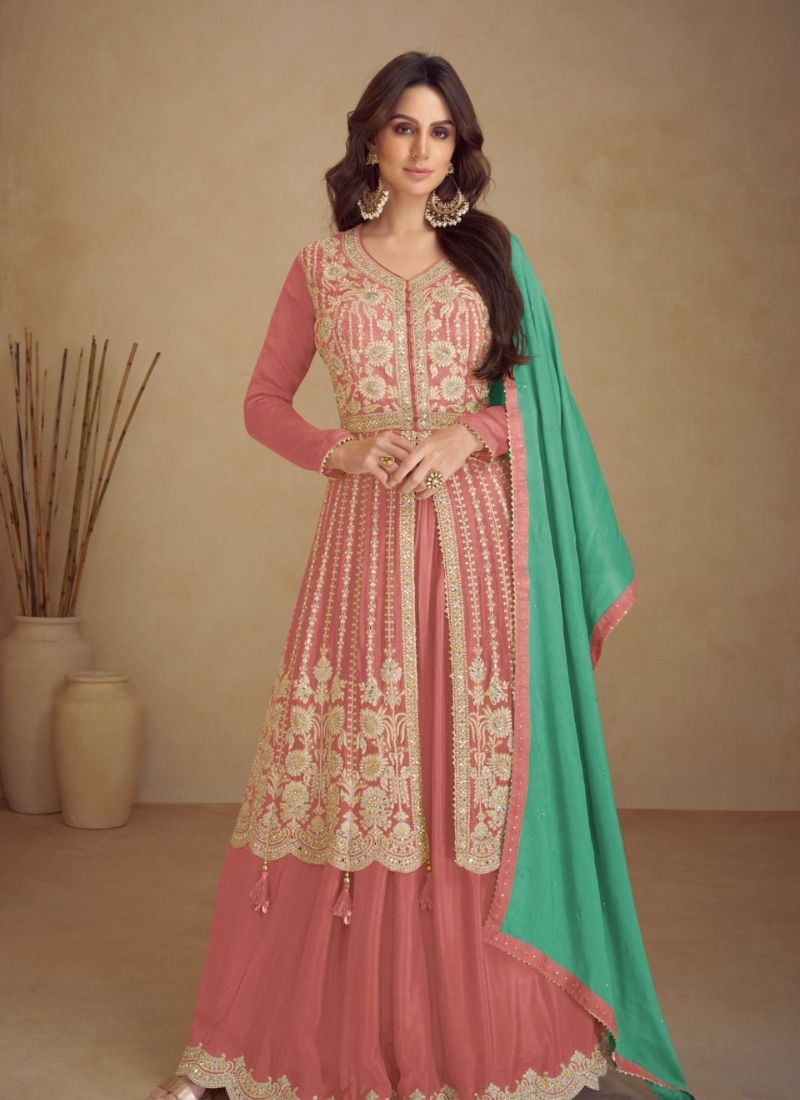 Authentic embroidered Chinon sharara suit in pink