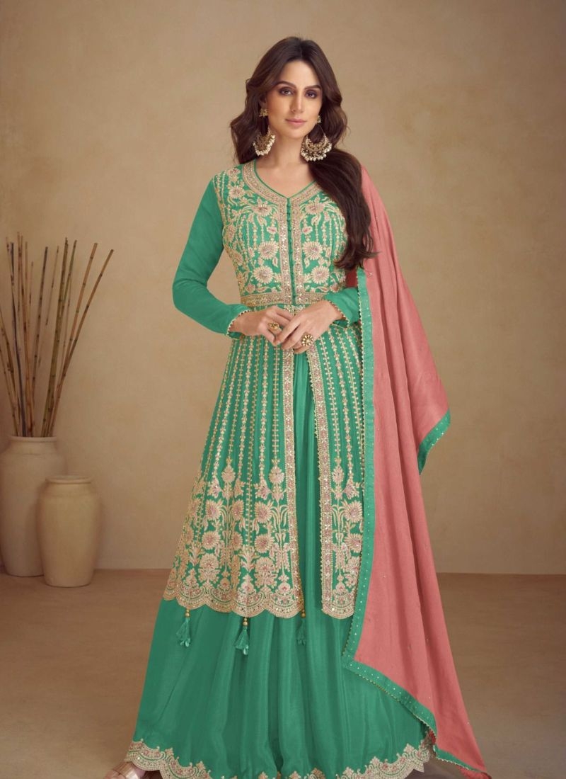 Authentic embroidered Chinon sharara suit in green