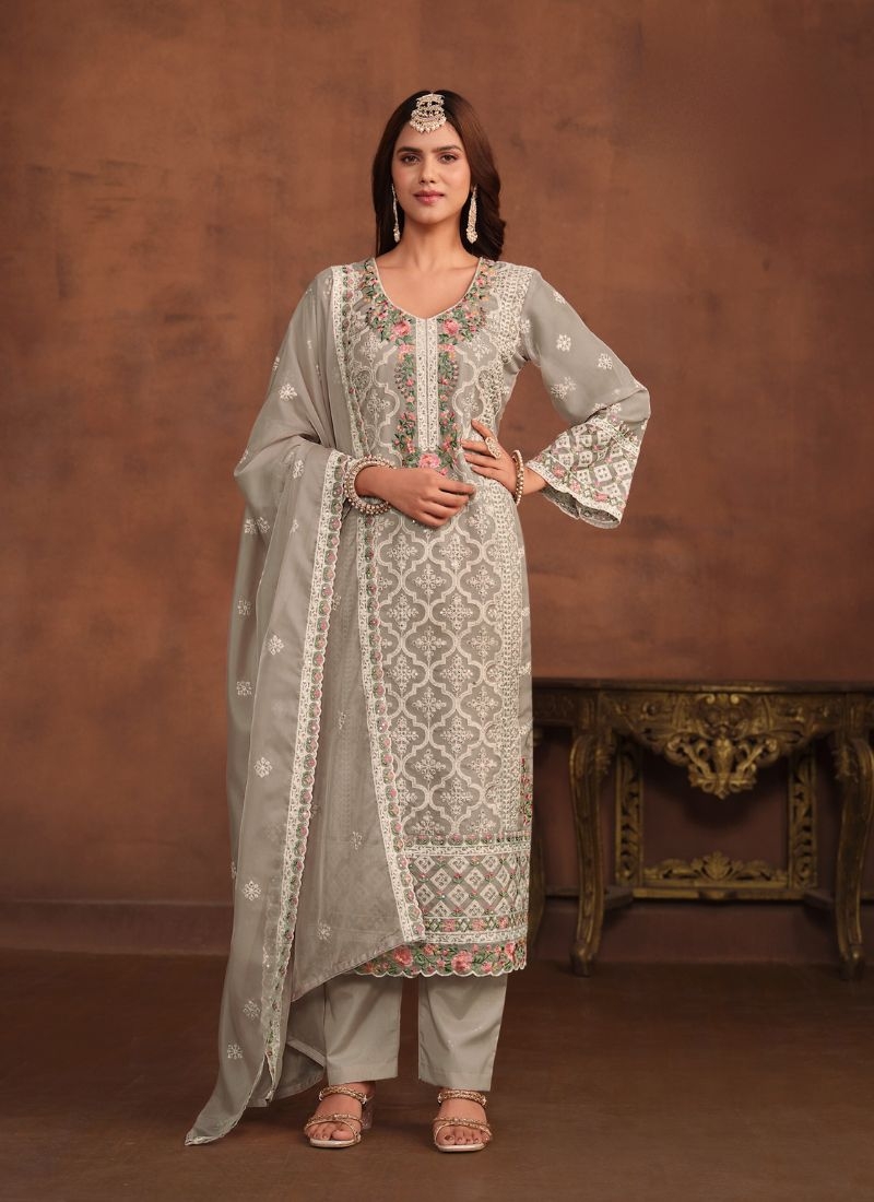 Beautiful embroidered organza kurta pant suit in grey