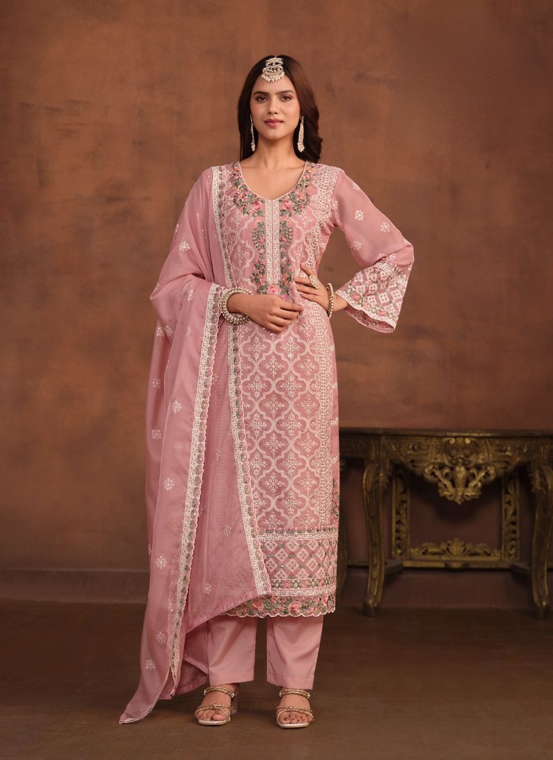 Beautiful embroidered organza kurta pant suit in pink