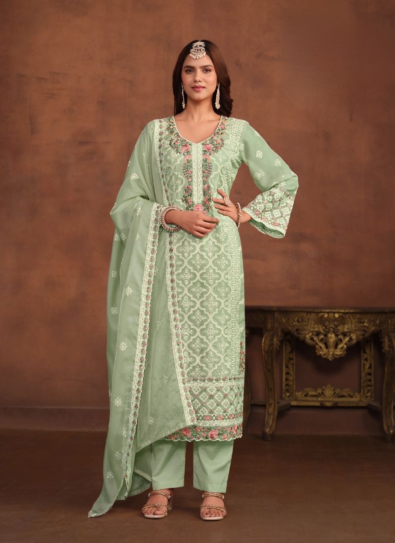 Beautiful embroidered organza kurta pant suit in green