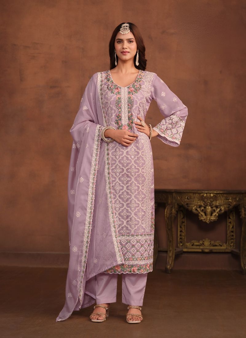 Beautiful embroidered organza kurta pant suit in purple