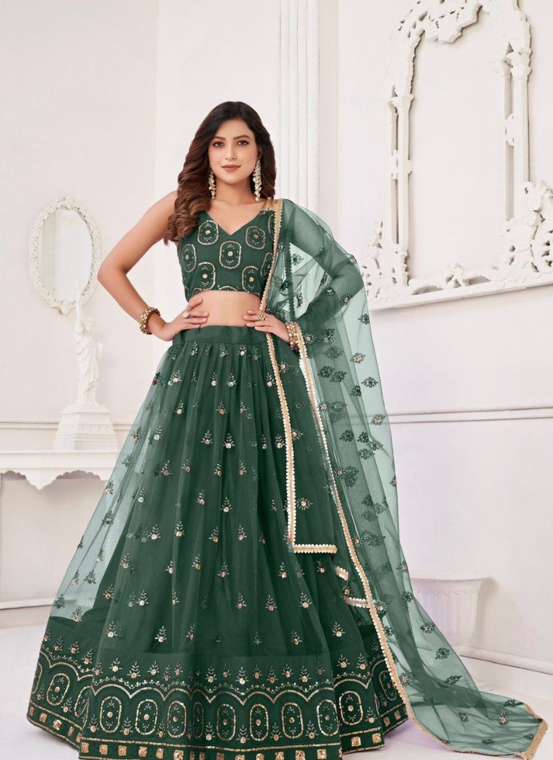 Stunning embroidered net lehenga choli in green