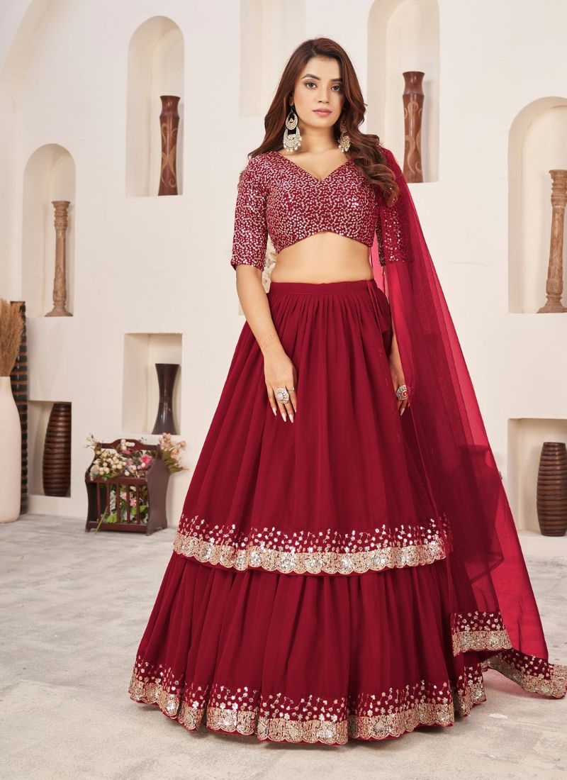 Exquisite embroidered georgette lehenga choli in red