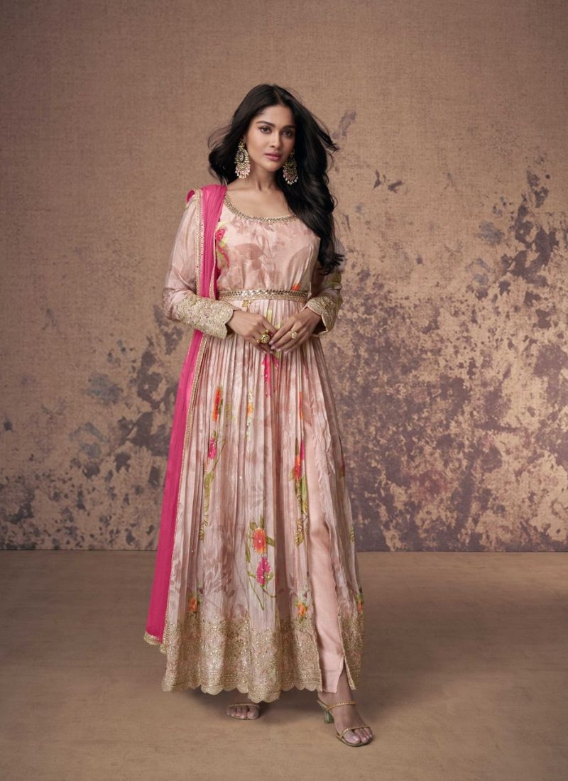 Stunning floral printed georgette Anarkali suit in baby pink